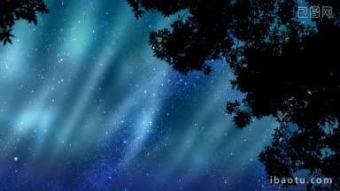 北极光在布满星星的天空中动画化，合成的树在风中飘扬